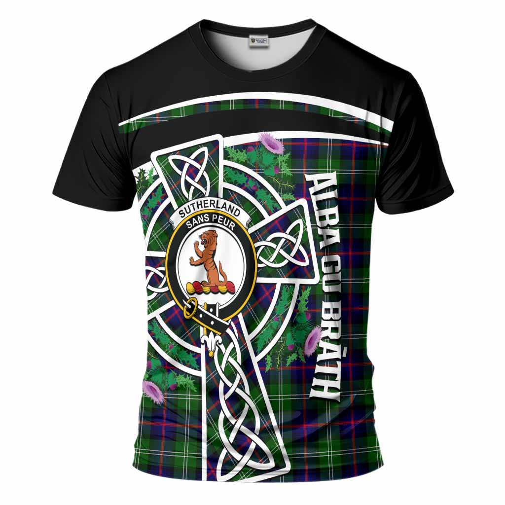 Sutherland Tartan Crest T-Shirt Scottish Thistle Celtic Cross Alba Gu Brath