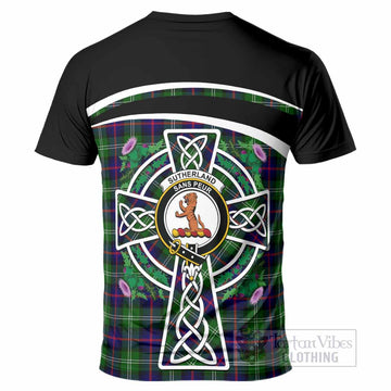 Sutherland Tartan Crest T-Shirt Scottish Thistle Celtic Cross Alba Gu Brath