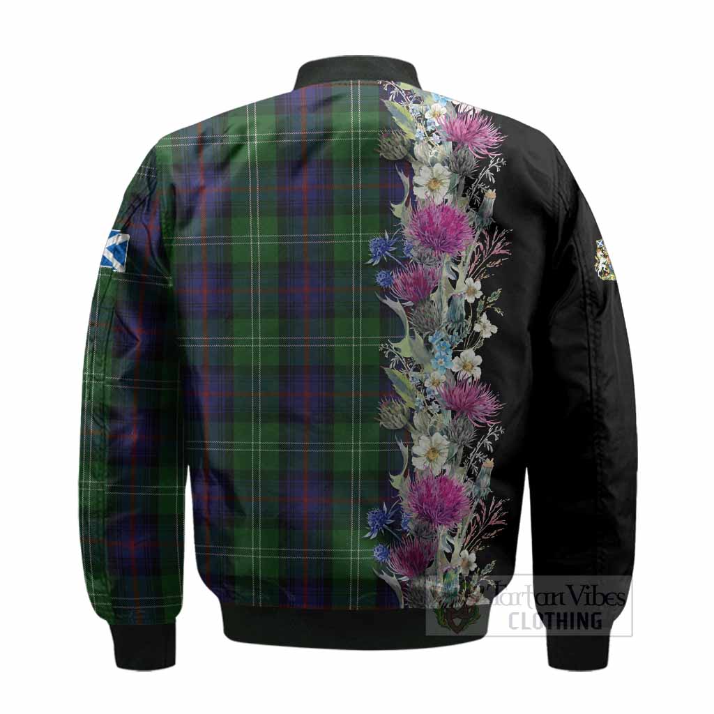 Sutherland Tartan Crest Thistle Floral Bomber Jacket - Tartan Vibes Clothing