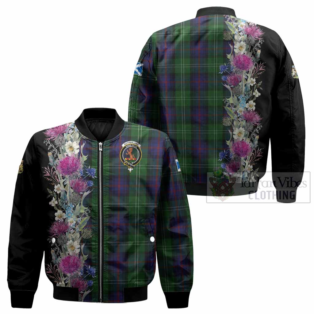 Sutherland Tartan Crest Thistle Floral Bomber Jacket - Tartan Vibes Clothing