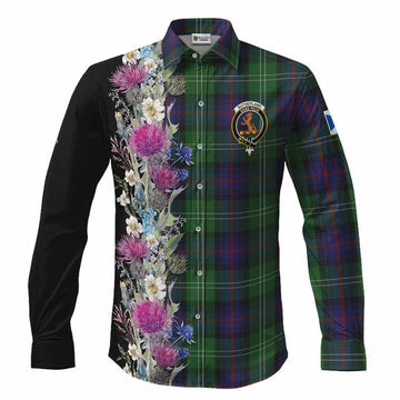 Sutherland Tartan Crest Thistle Floral Long Sleeve Button Shirts Men's Shirt S - Tartan Vibes Clothing