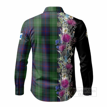 Sutherland Tartan Crest Thistle Floral Long Sleeve Button Shirts - Tartan Vibes Clothing