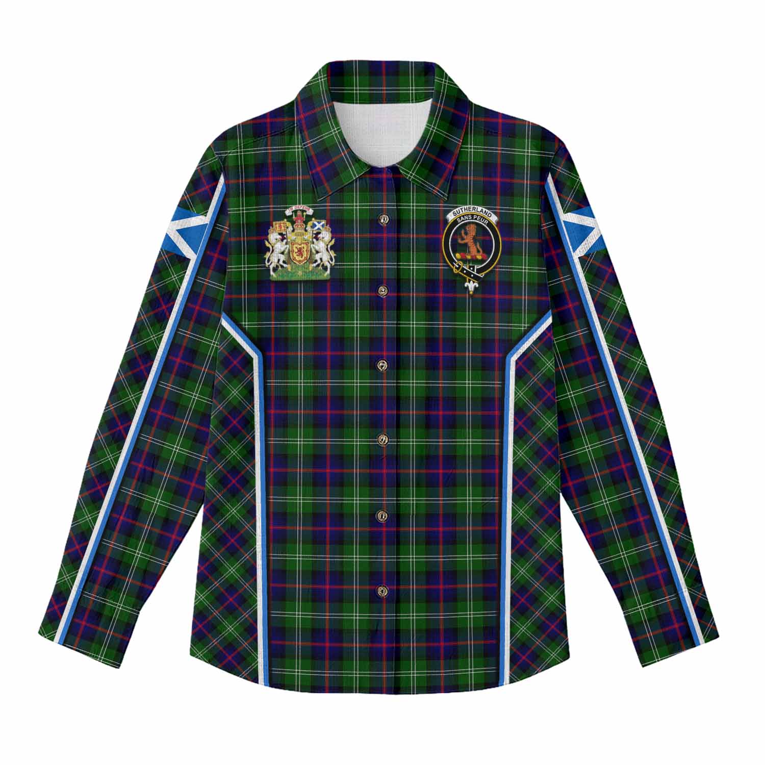 Sutherland Tartan Crest Women Casual Shirt Scotland Coat of Arm Flag Style - Tartan Vibes Clothing