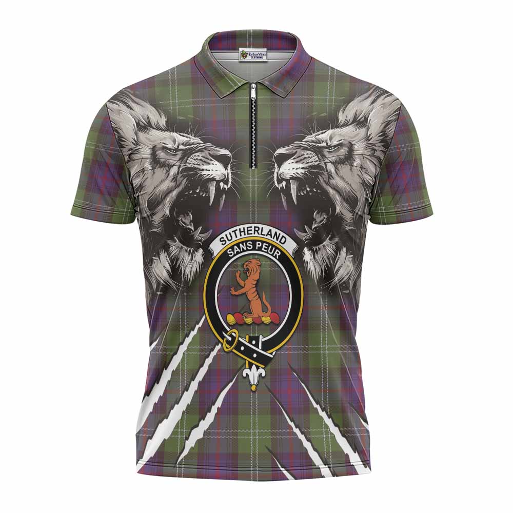 Sutherland Tartan Crest Zipper Polo Shirt Ferocious Lion Style