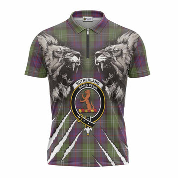 Sutherland Tartan Crest Zipper Polo Shirt Ferocious Lion Style