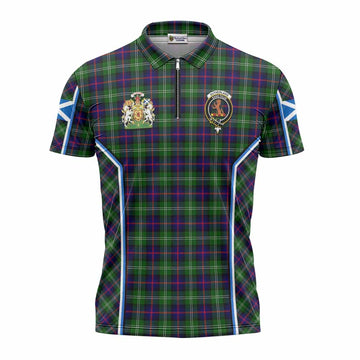 Sutherland Tartan Crest Zipper Polo Shirt Scotland Coat of Arm Flag Style - Tartan Vibes Clothing
