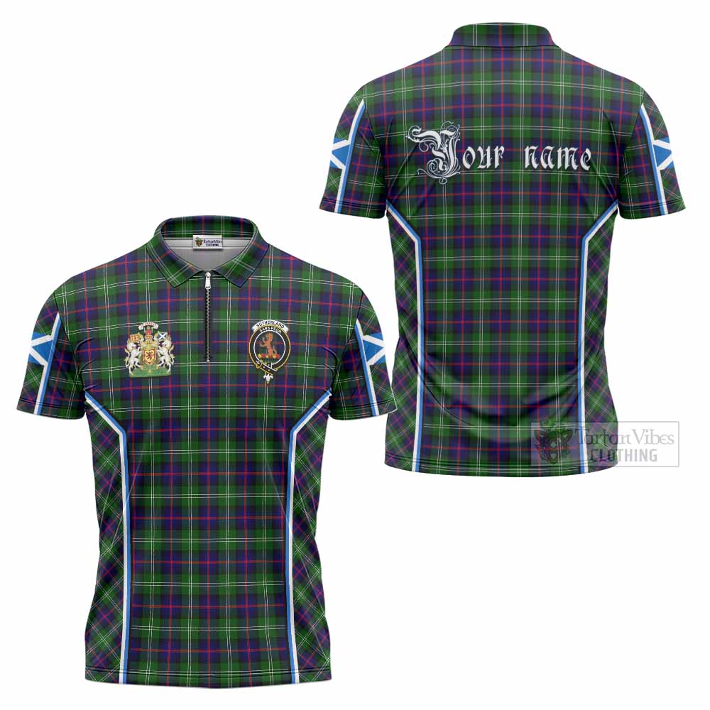 Sutherland Tartan Crest Zipper Polo Shirt Scotland Coat of Arm Flag Style - Tartan Vibes Clothing