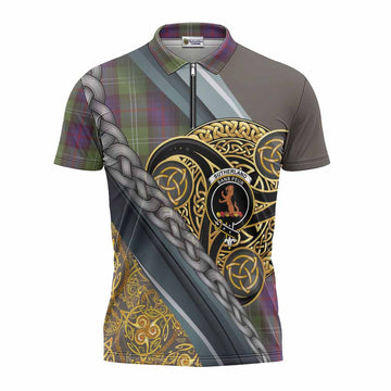 Sutherland Tartan Crest Zipper Polo Shirt Scottish Triskele Celtic