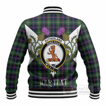 Sutherland Tartan Family Crest Baseball Jacket Scottish Burns Night Thistle Floral