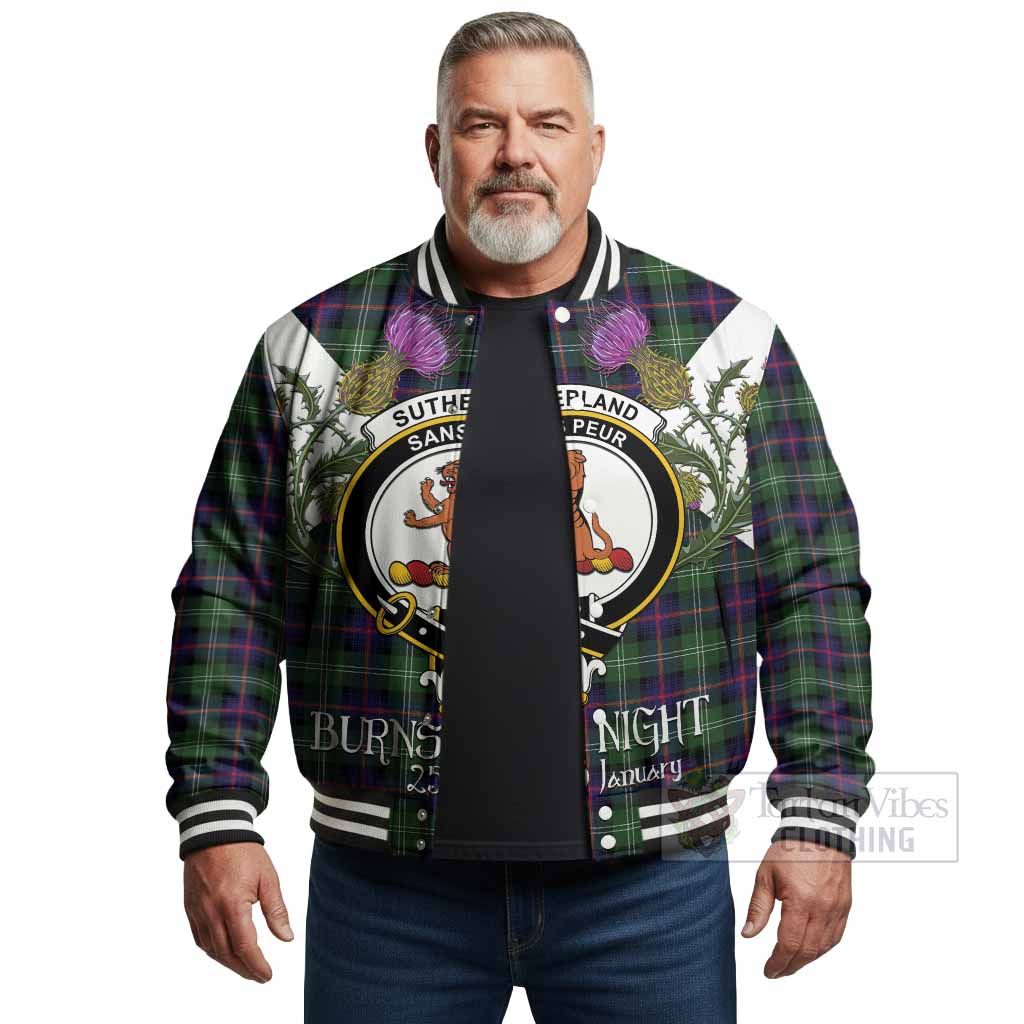 Sutherland Tartan Family Crest Baseball Jacket Scottish Burns Night Thistle Floral