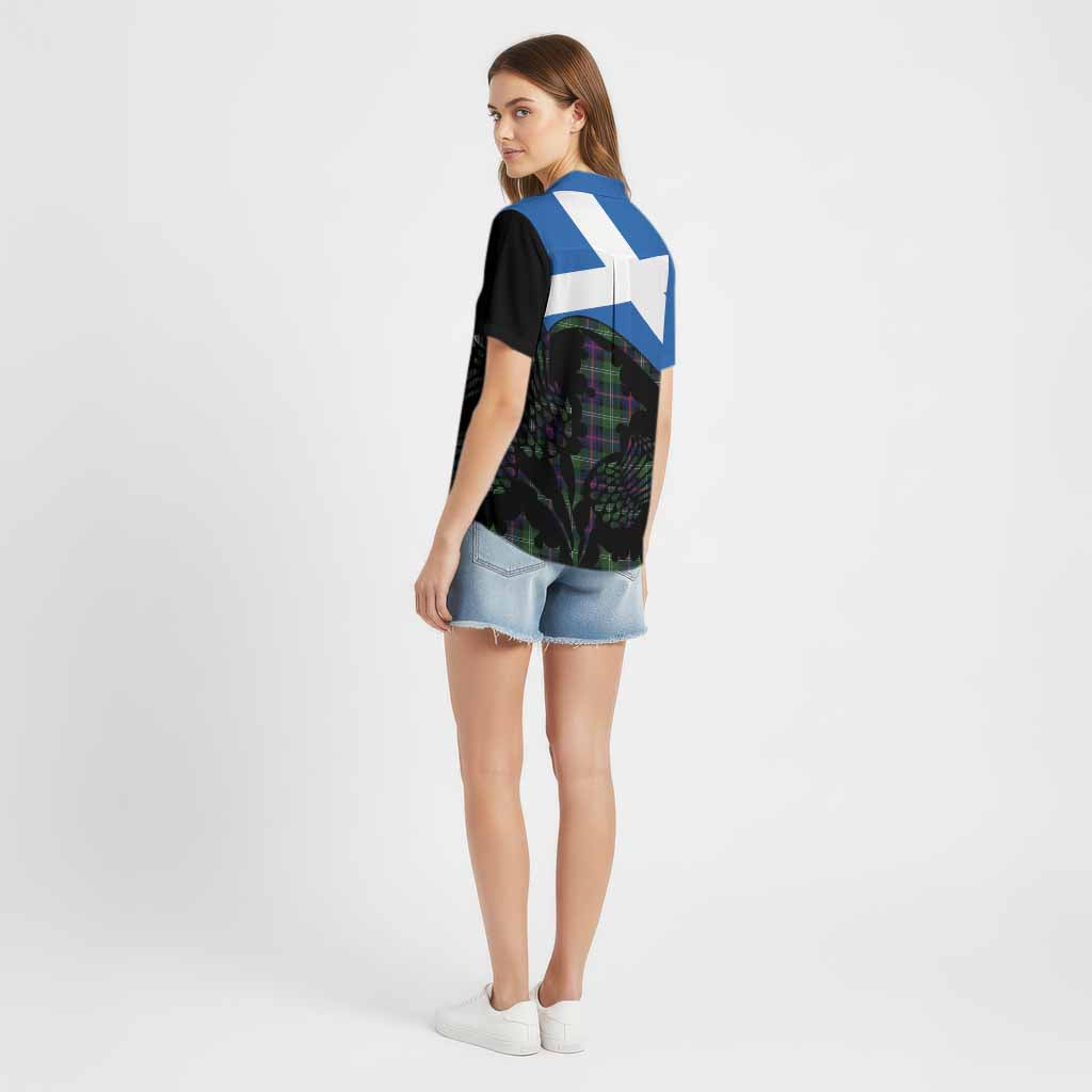 Sutherland Tartan Family Crest Cotton Hawaiian Shirt Scotland Thistle Floral Flag Style