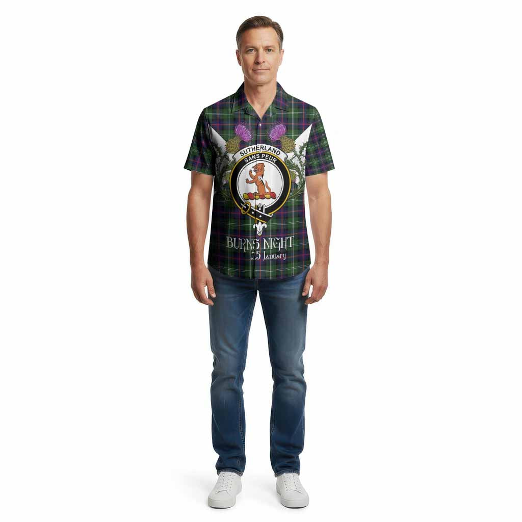 Sutherland Tartan Family Crest Cotton Hawaiian Shirt Scottish Burns Night Thistle Floral