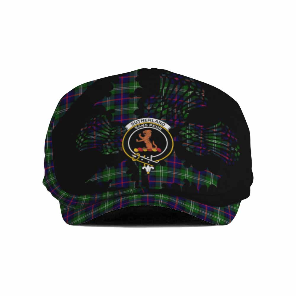 Sutherland Tartan Family Crest Flat Cap, Jeff Cap Scotland Thistle Floral