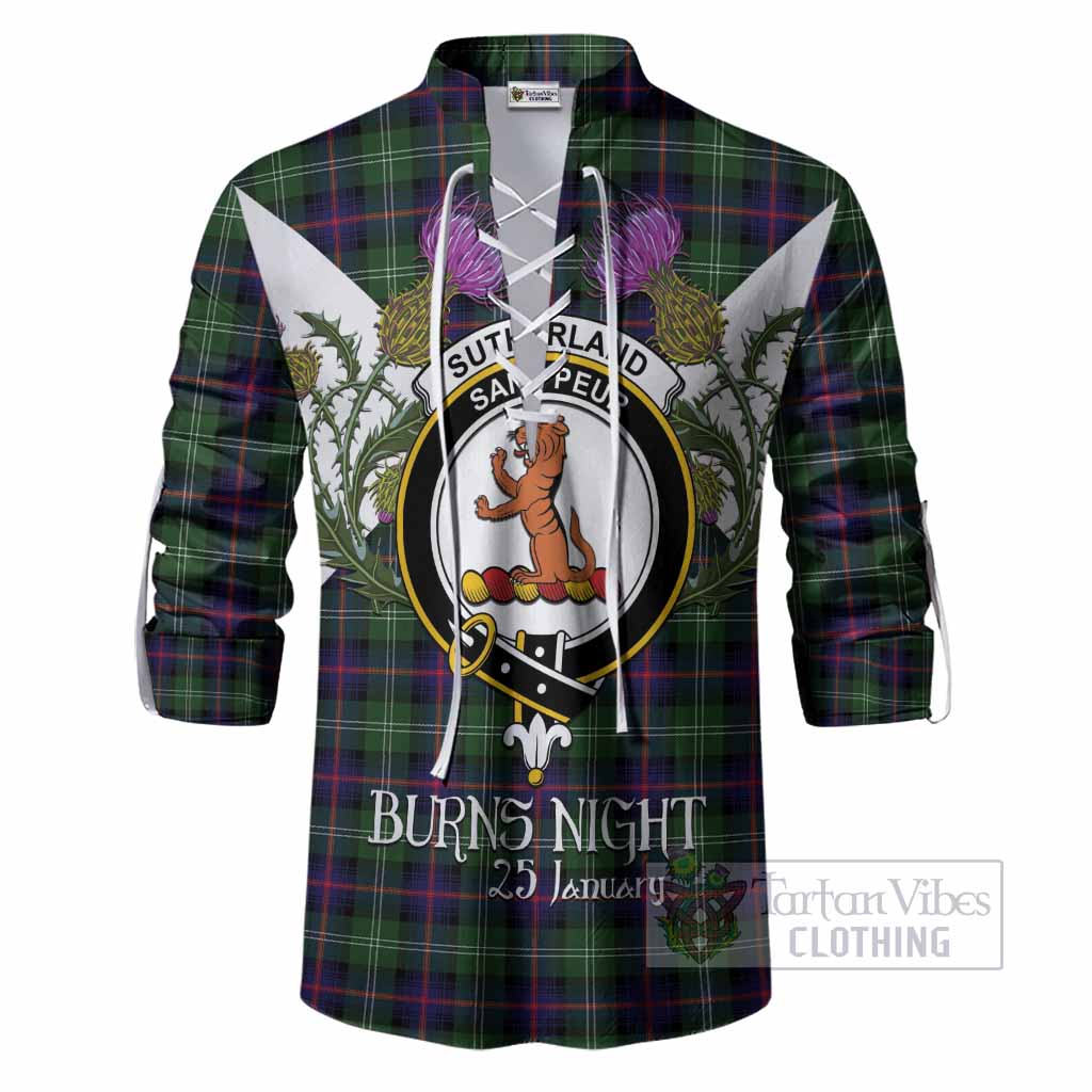 Sutherland Tartan Family Crest Ghillie Shirt Scottish Burns Night Thistle Floral