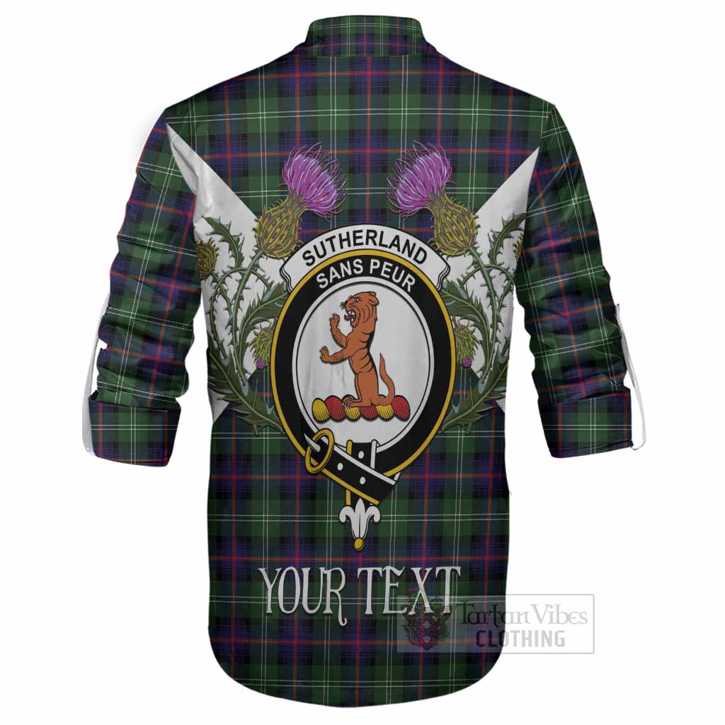Sutherland Tartan Family Crest Ghillie Shirt Scottish Burns Night Thistle Floral