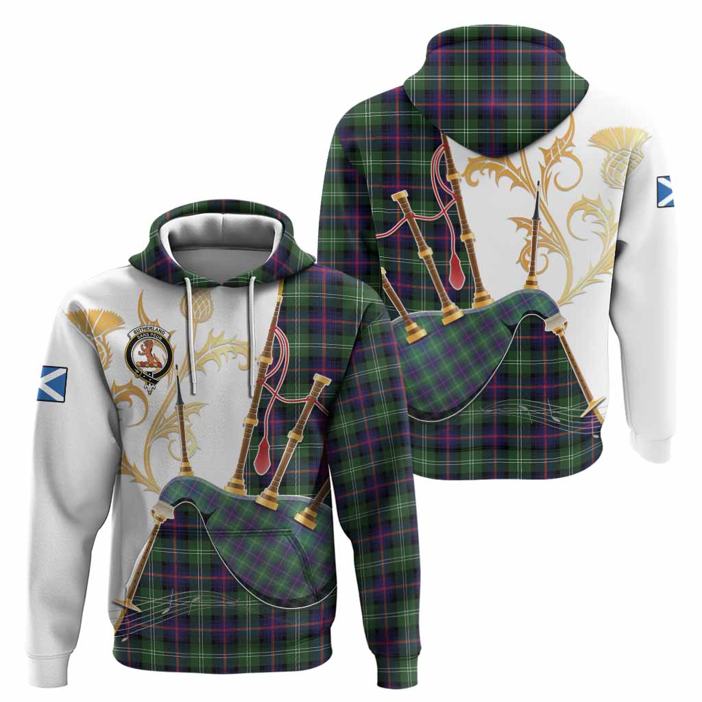 Sutherland Tartan Family Crest Hoodie Bagpipes with Scottish Thistle