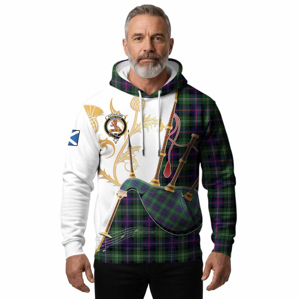 Sutherland Tartan Family Crest Hoodie Bagpipes with Scottish Thistle