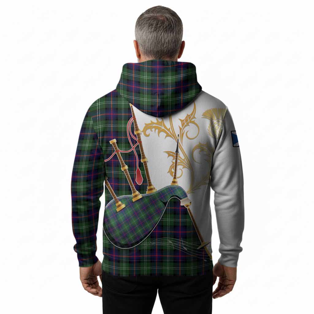 Sutherland Tartan Family Crest Hoodie Bagpipes with Scottish Thistle