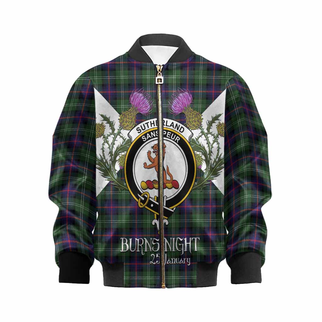 Sutherland Tartan Family Crest Kid Bomber Jacket Scottish Burns Night Thistle Floral