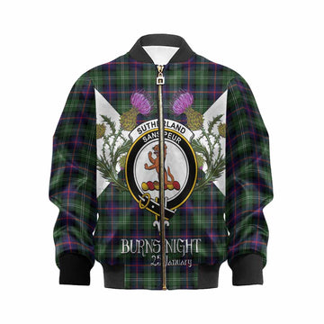 Sutherland Tartan Family Crest Kid Bomber Jacket Scottish Burns Night Thistle Floral
