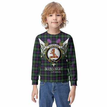 Sutherland Tartan Family Crest Kid Knitted Sweatshirt Scottish Burns Night Thistle Floral