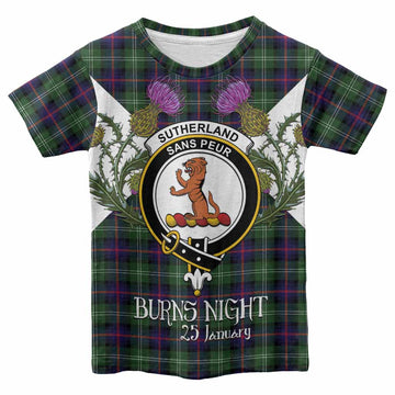 Sutherland Tartan Family Crest Kid T-shirt Scottish Burns Night Thistle Floral