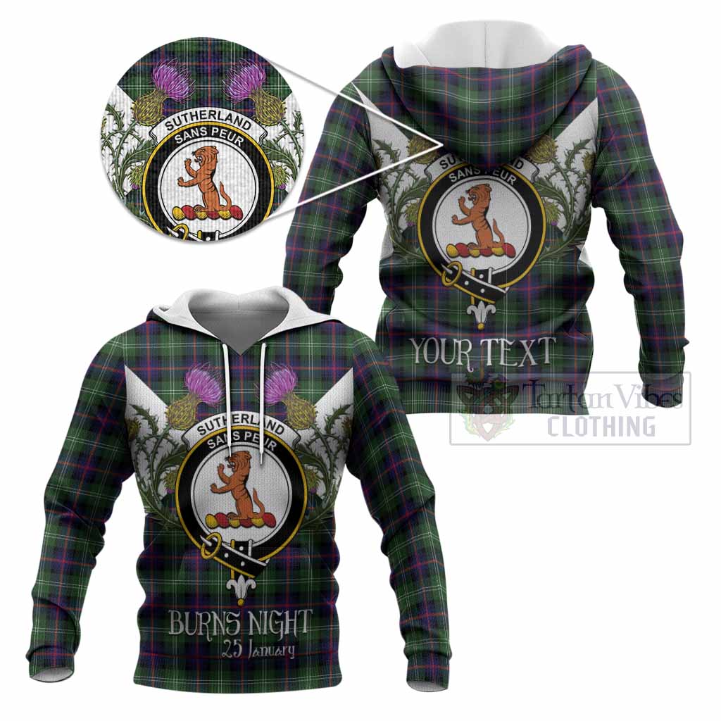 Sutherland Tartan Family Crest Knitted Hoodie Scottish Burns Night Thistle Floral