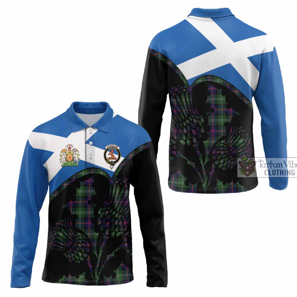 Sutherland Tartan Family Crest Long Sleeve Polo Shirt Scotland Thistle Floral Flag Style