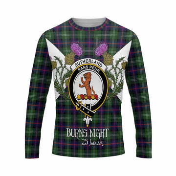 Sutherland Tartan Family Crest Long Sleeve T-Shirt Scottish Burns Night Thistle Floral