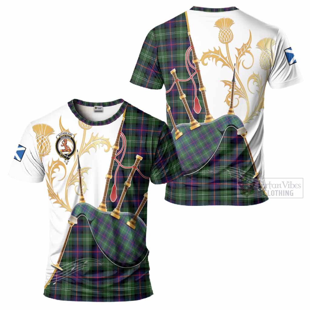 Sutherland Tartan Family Crest T-Shirt Bagpipes with Scottish Thistle