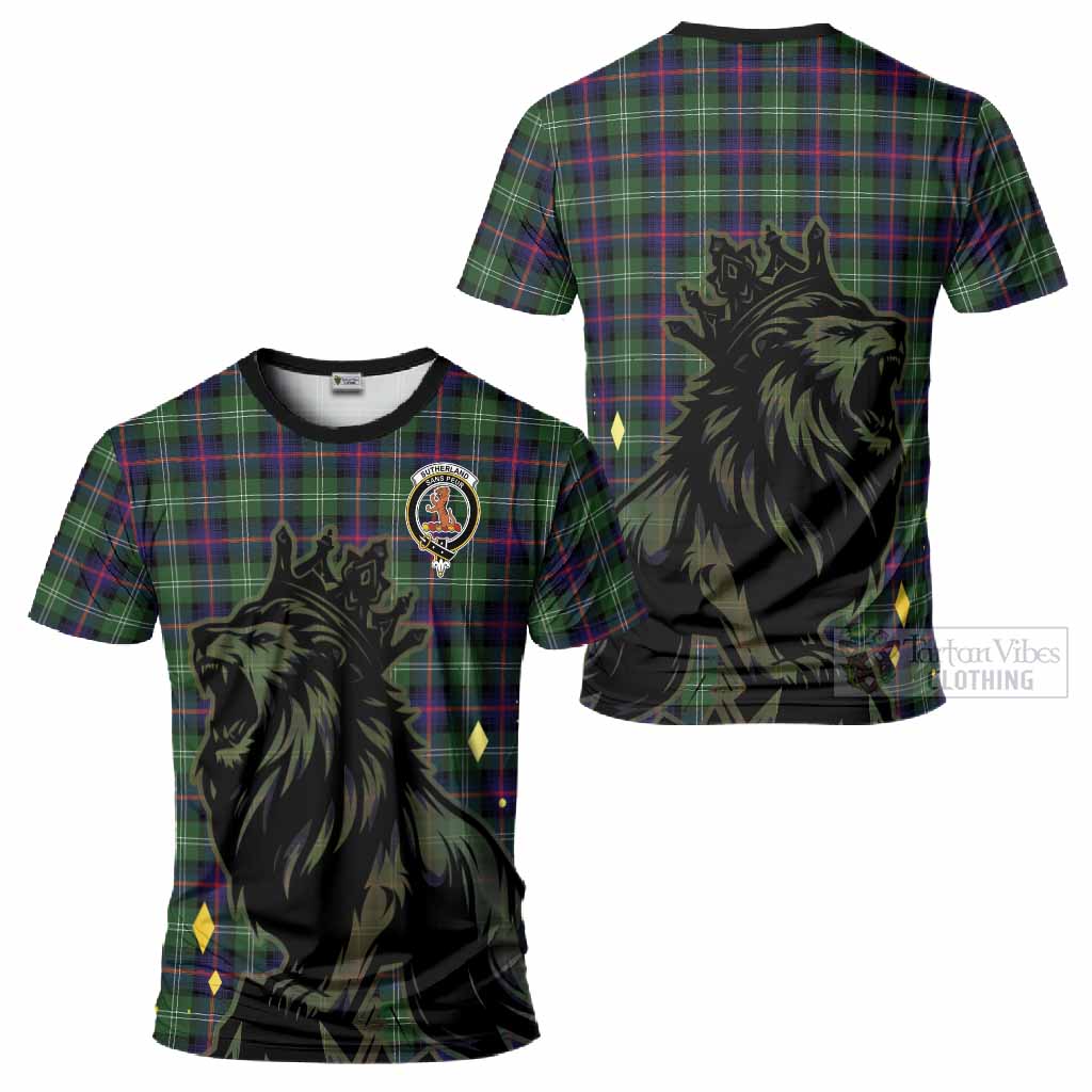 Sutherland Tartan Family Crest T-Shirt Crowned Lion Roaring