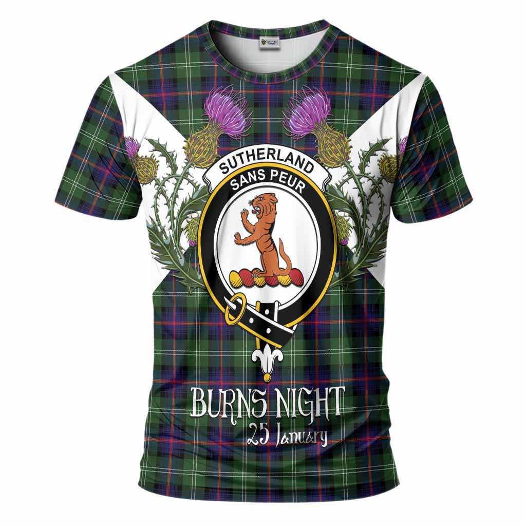 Sutherland Tartan Family Crest T-Shirt Scottish Burns Night Thistle Floral