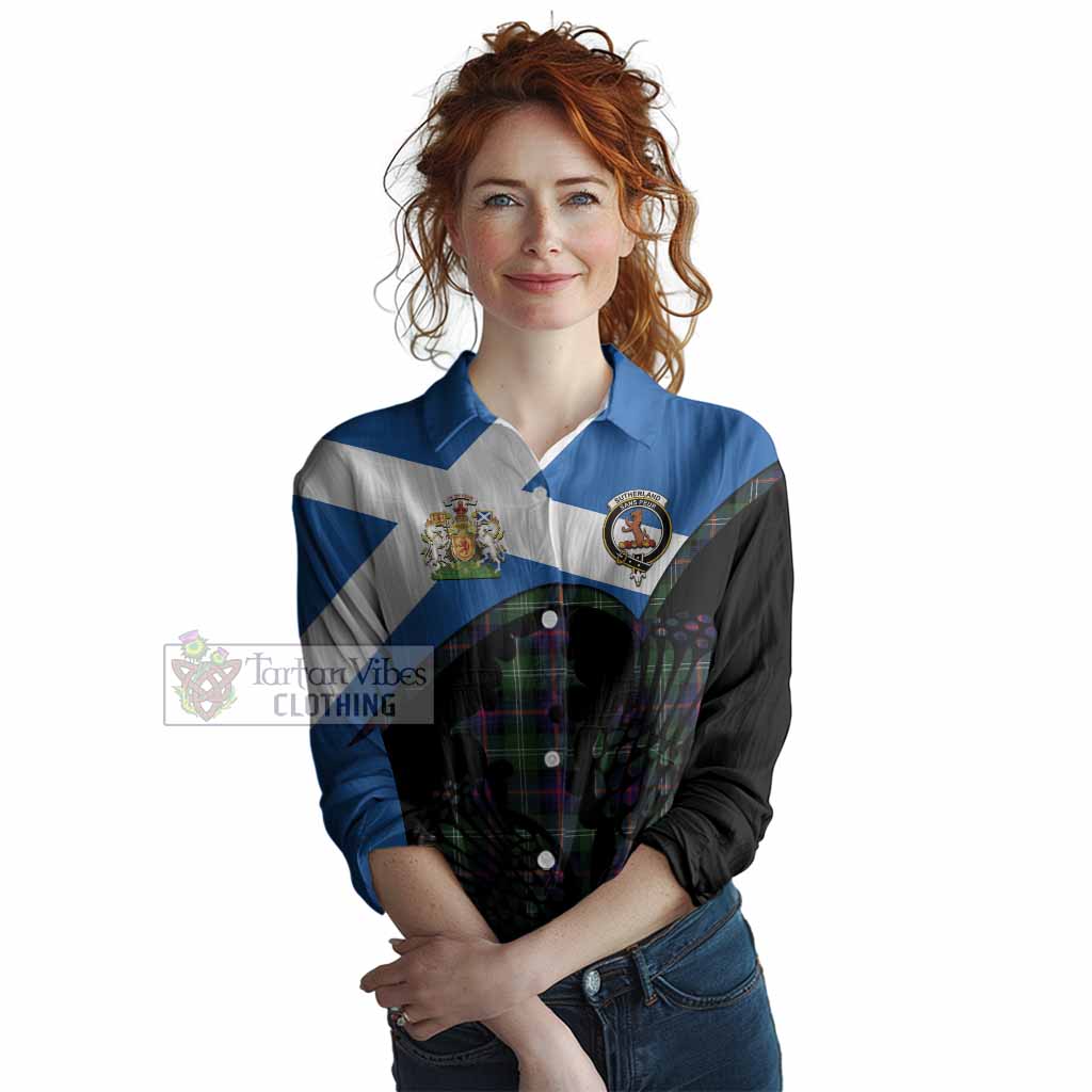 Sutherland Tartan Family Crest Women Casual Shirt Scotland Thistle Floral Flag Style