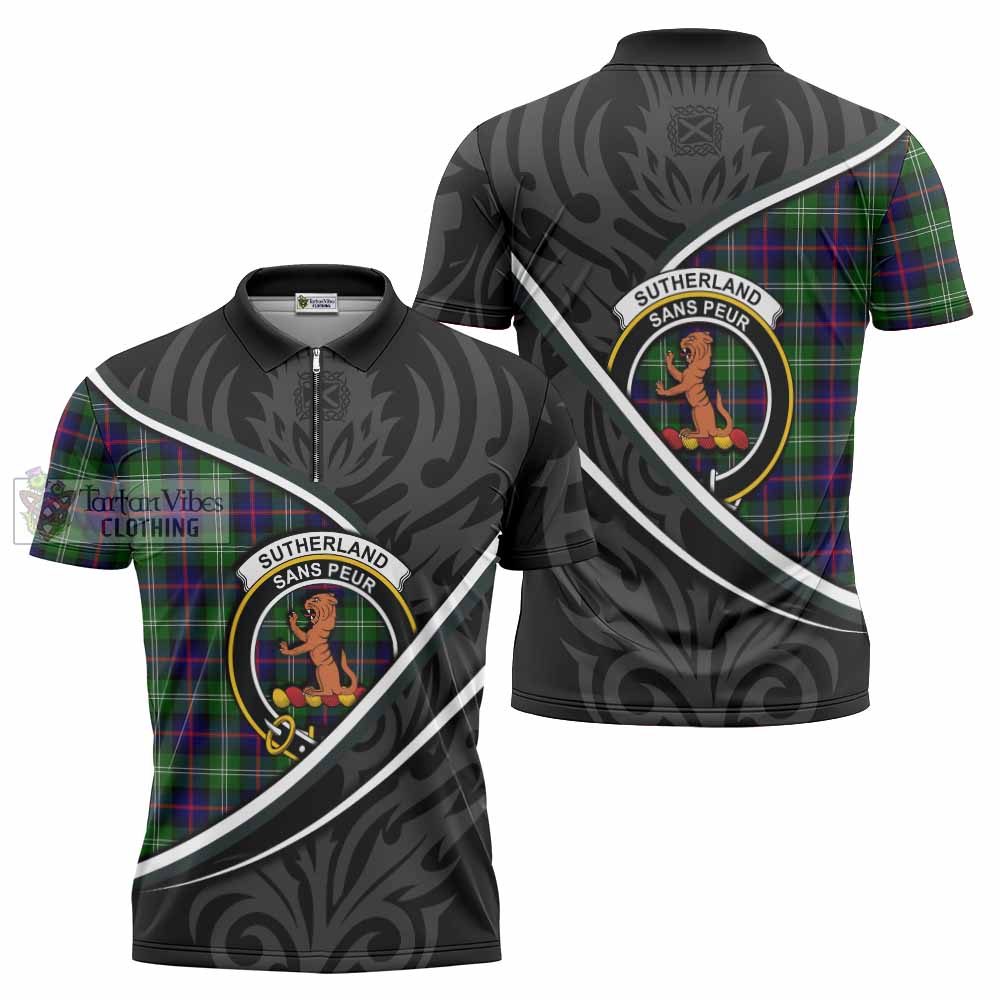 Sutherland Tartan Family Crest Zipper Polo Shirt Celtic Scottish Thistle Floral - Tartan Vibes Clothing
