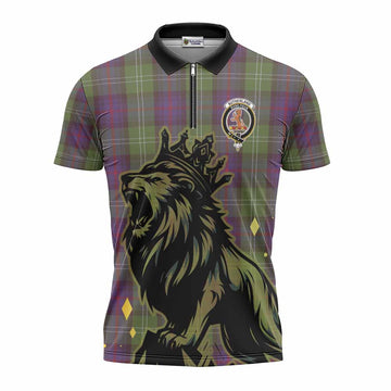 Sutherland Tartan Family Crest Zipper Polo Shirt Crowned Lion Roaring