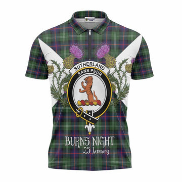 Sutherland Tartan Family Crest Zipper Polo Shirt Scottish Burns Night Thistle Floral