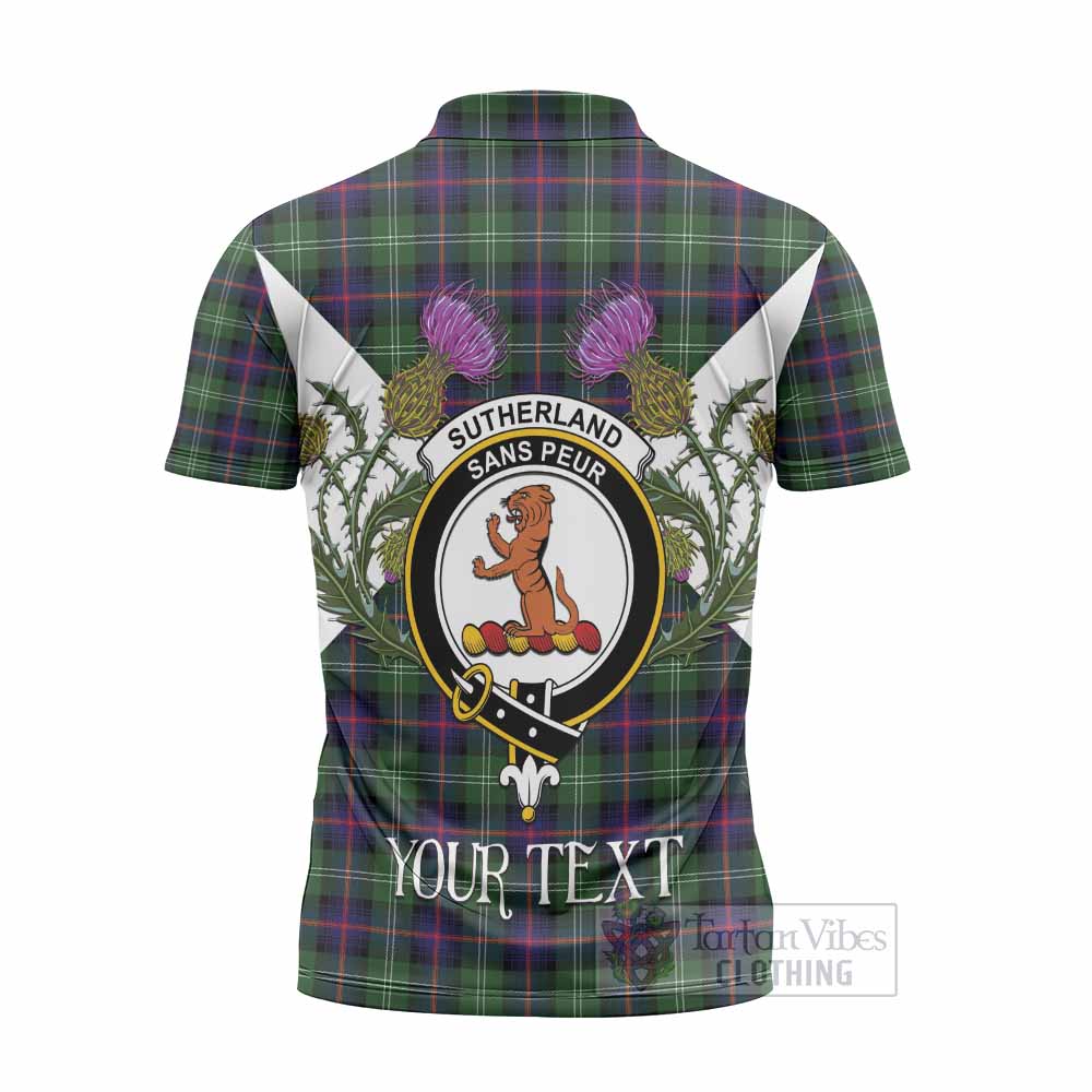 Sutherland Tartan Family Crest Zipper Polo Shirt Scottish Burns Night Thistle Floral