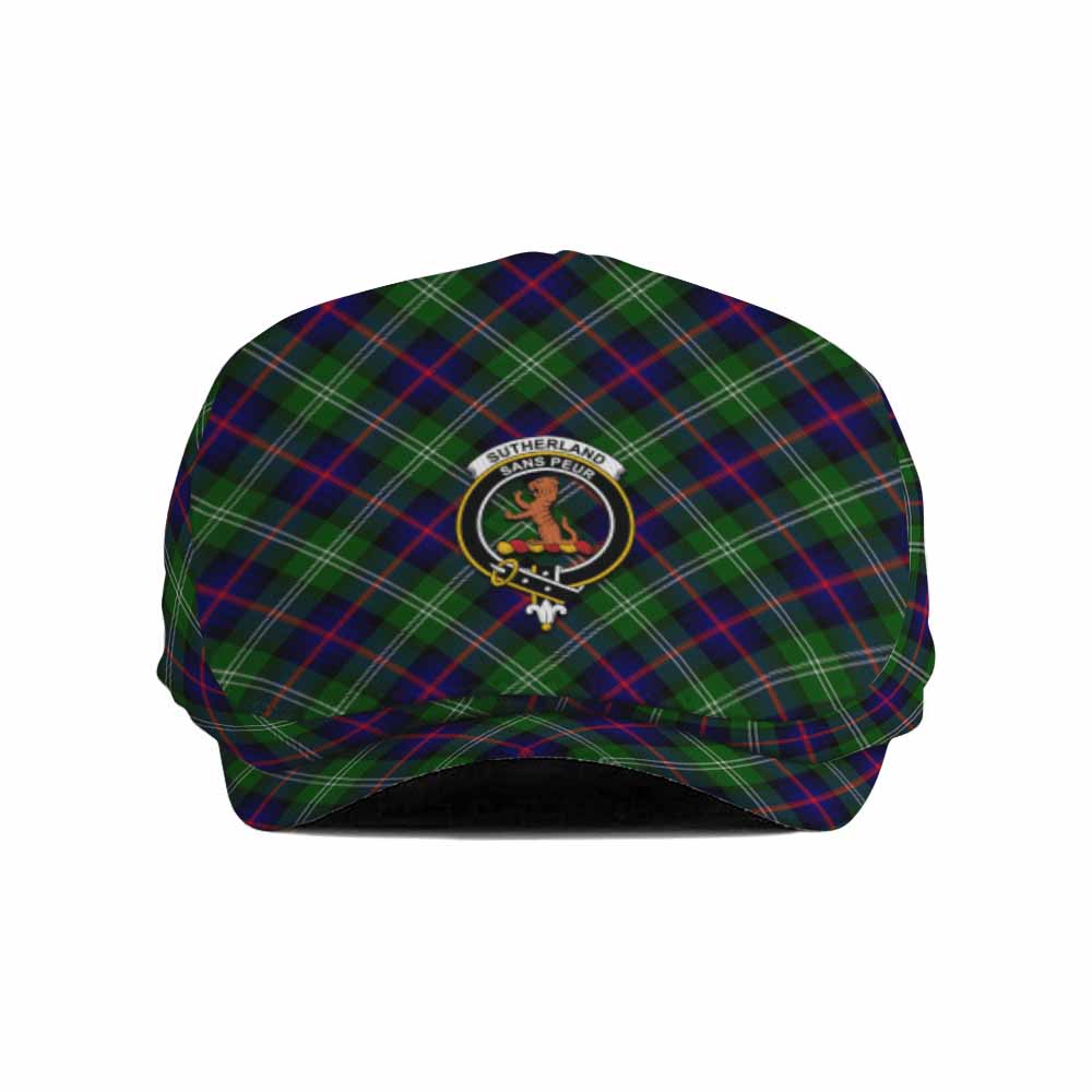Sutherland Tartan Flat Cap, Jeff Cap Cross Style with Family Crest - Tartan Vibes Clothing