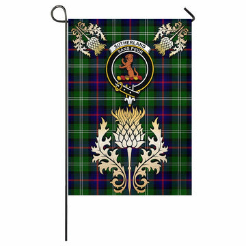 Sutherland Tartan Garden Flag with Golden Regal Scottish Thistle Emblem