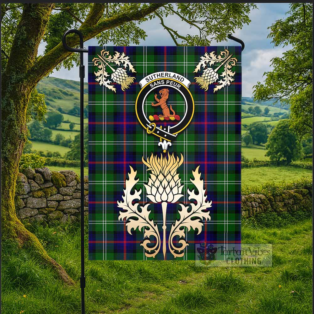 Sutherland Tartan Garden Flag with Golden Regal Scottish Thistle Emblem - Tartan Vibes Clothing