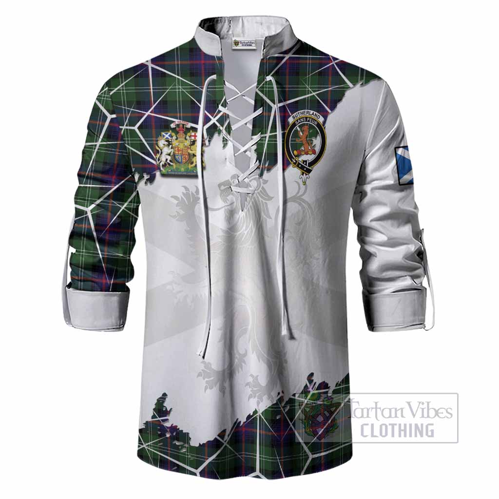 Sutherland Tartan Ghillie Shirt with Family Crest and Lion Rampant Grunge Style