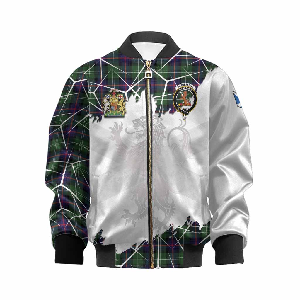 Sutherland Tartan Kid Bomber Jacket with Family Crest and Lion Rampant Grunge Style