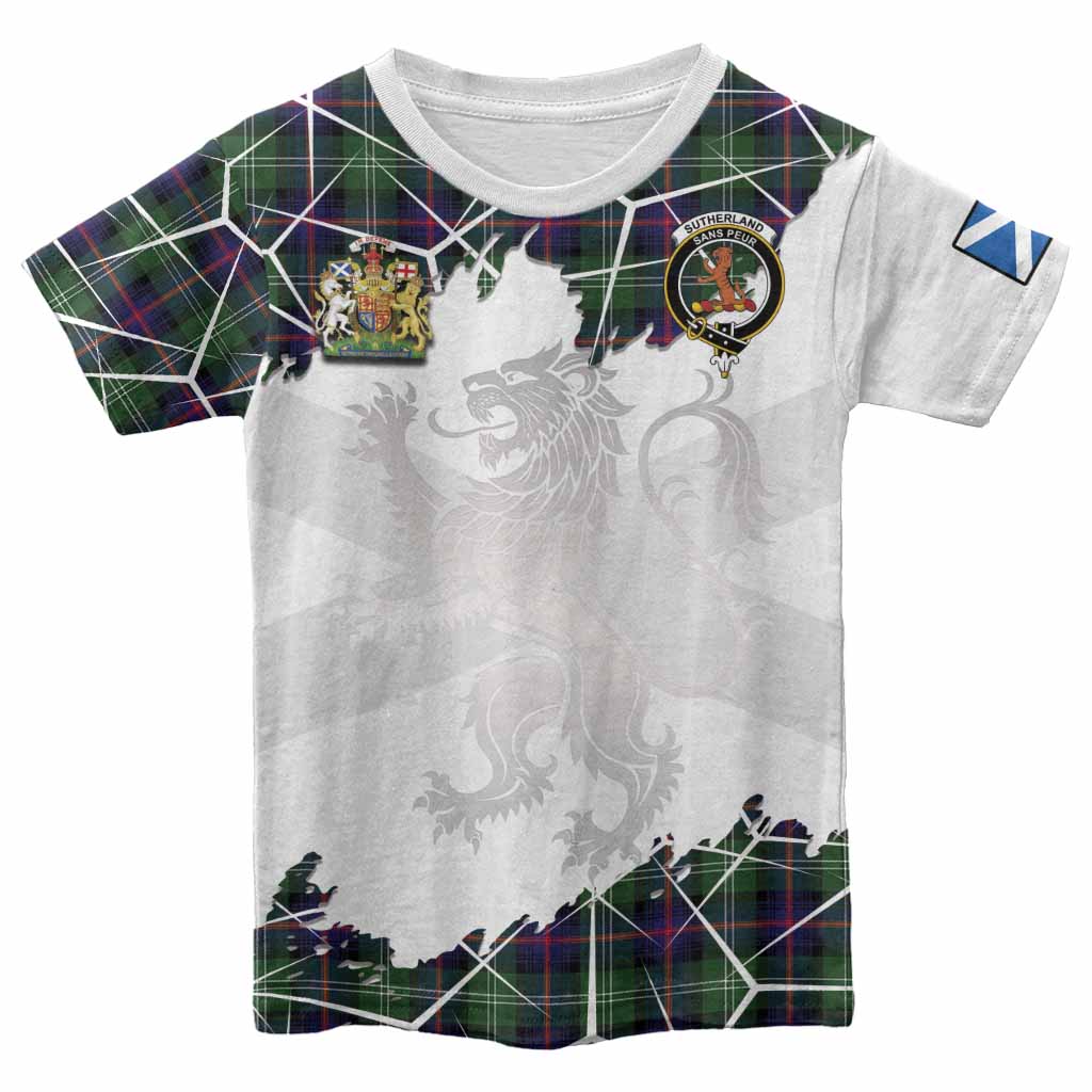 Sutherland Tartan Kid T-shirt with Family Crest and Lion Rampant Grunge Style