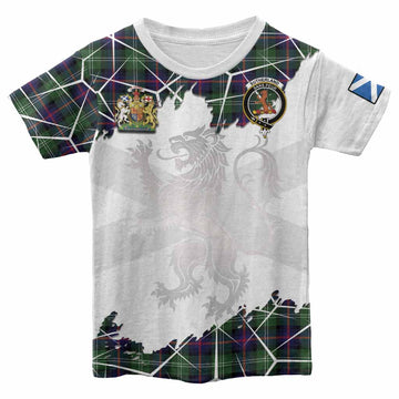 Sutherland Tartan Kid T-shirt with Family Crest and Lion Rampant Grunge Style