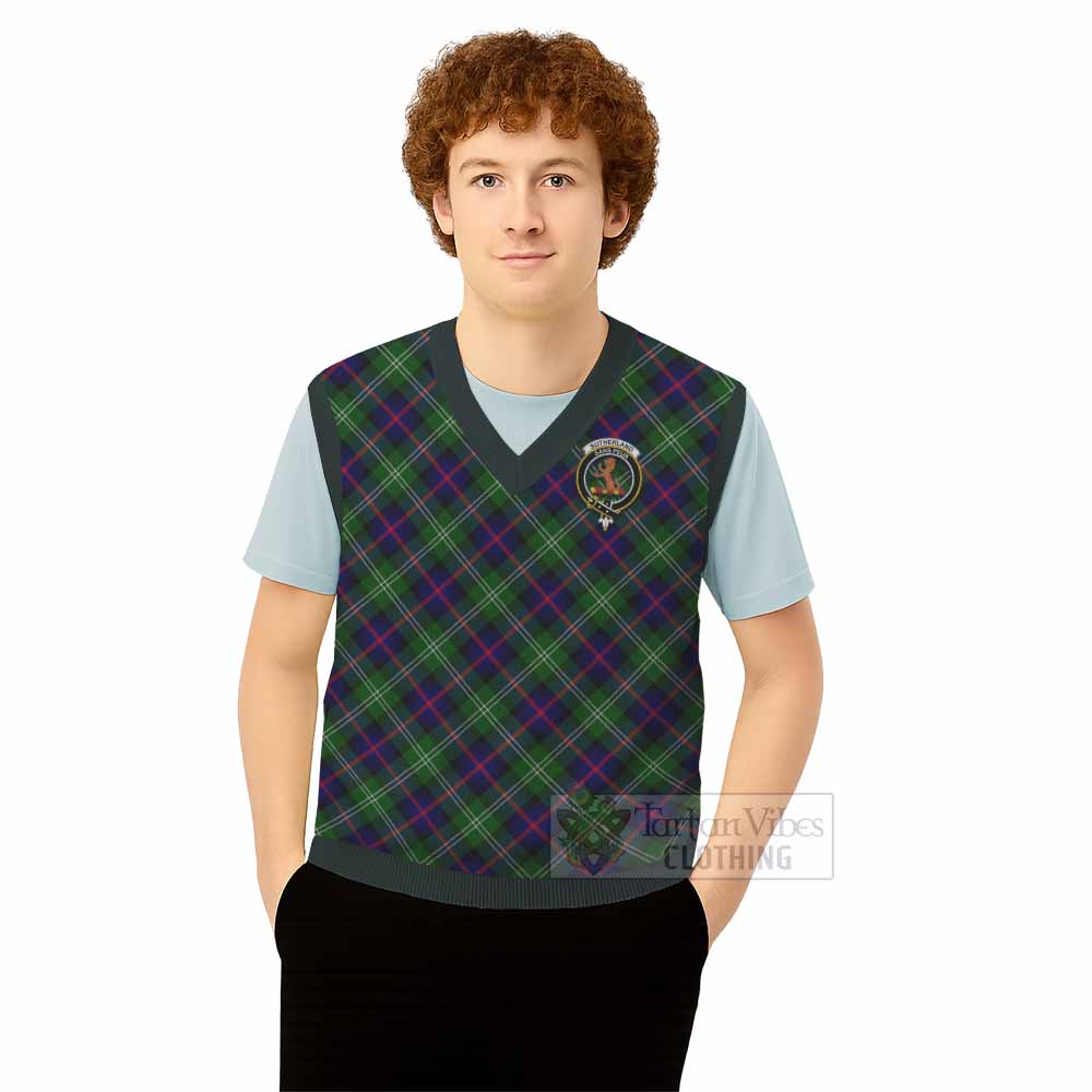 Sutherland Tartan Knitted V-Neck Vest with Family Crest Cross Style