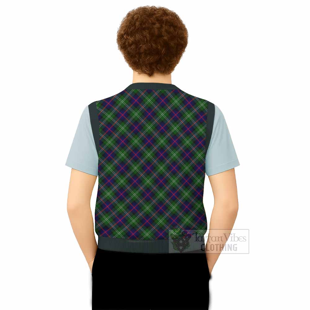 Sutherland Tartan Knitted V-Neck Vest with Family Crest Cross Style