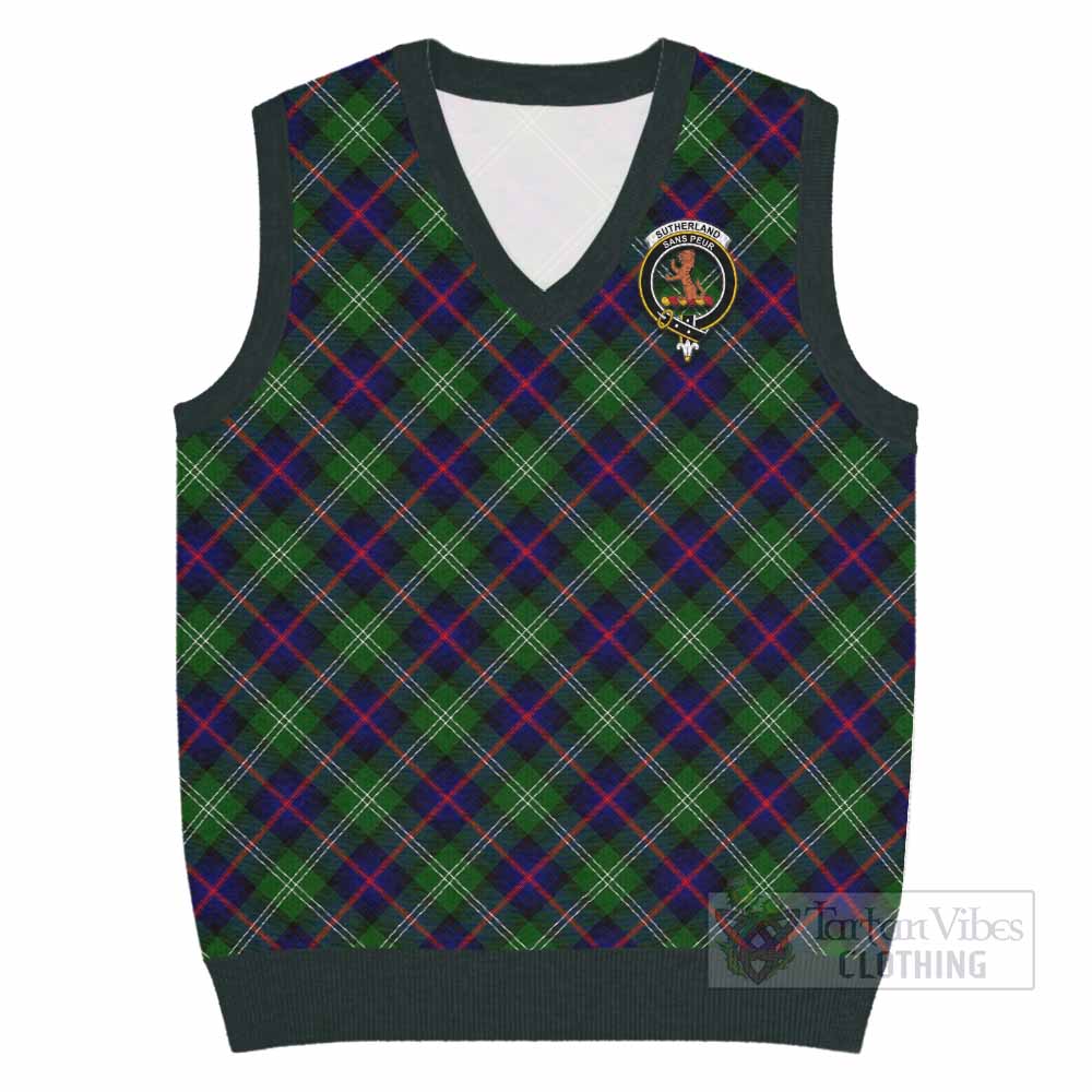 Sutherland Tartan Knitted V-Neck Vest with Family Crest Cross Style