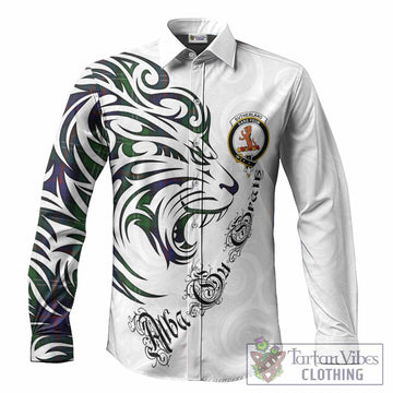 Sutherland Tartan Lion Roar Long Sleeve Button Shirts Alba Gu Brath with Celtic Motifs