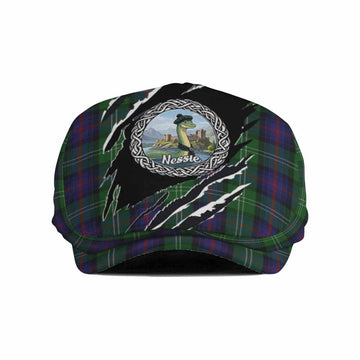 Sutherland Tartan Loch Ness Monster Flat Cap, Jeff Cap Celtic Knot Nessie Art