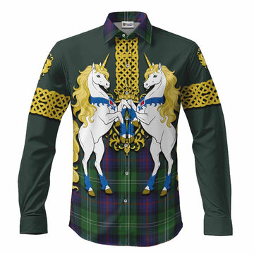 Sutherland Tartan Long Sleeve Button Shirts Unicorn Celtic Knot And Thistle Emblem